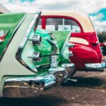 Rear view of two classic cars