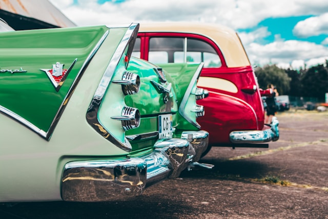 Rear view of two classic cars